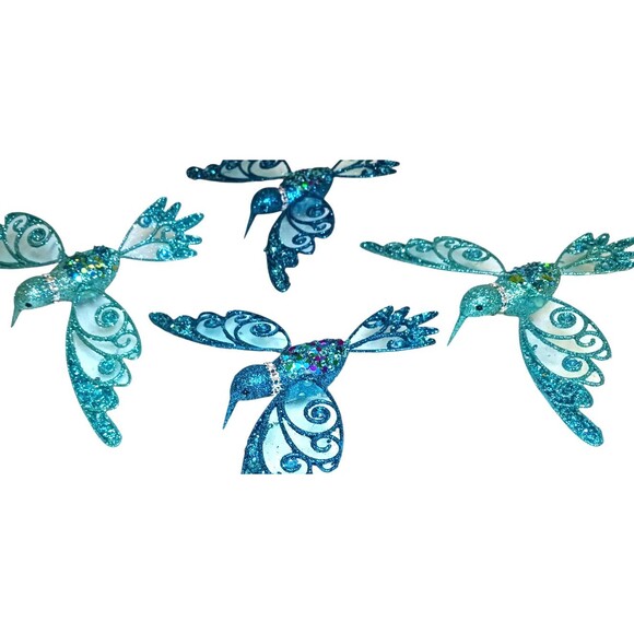 Vtg Set 4 Blue Glitter Sequin Hummingbird Clip On Christmas Ornaments Pier One - Picture 2 of 4
